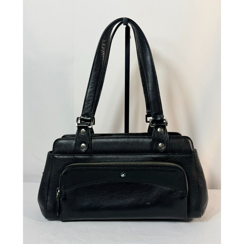 BMW Black Pebble Leather Satchel Tote Purse Logo Handbag Dual Strap Chic Glam